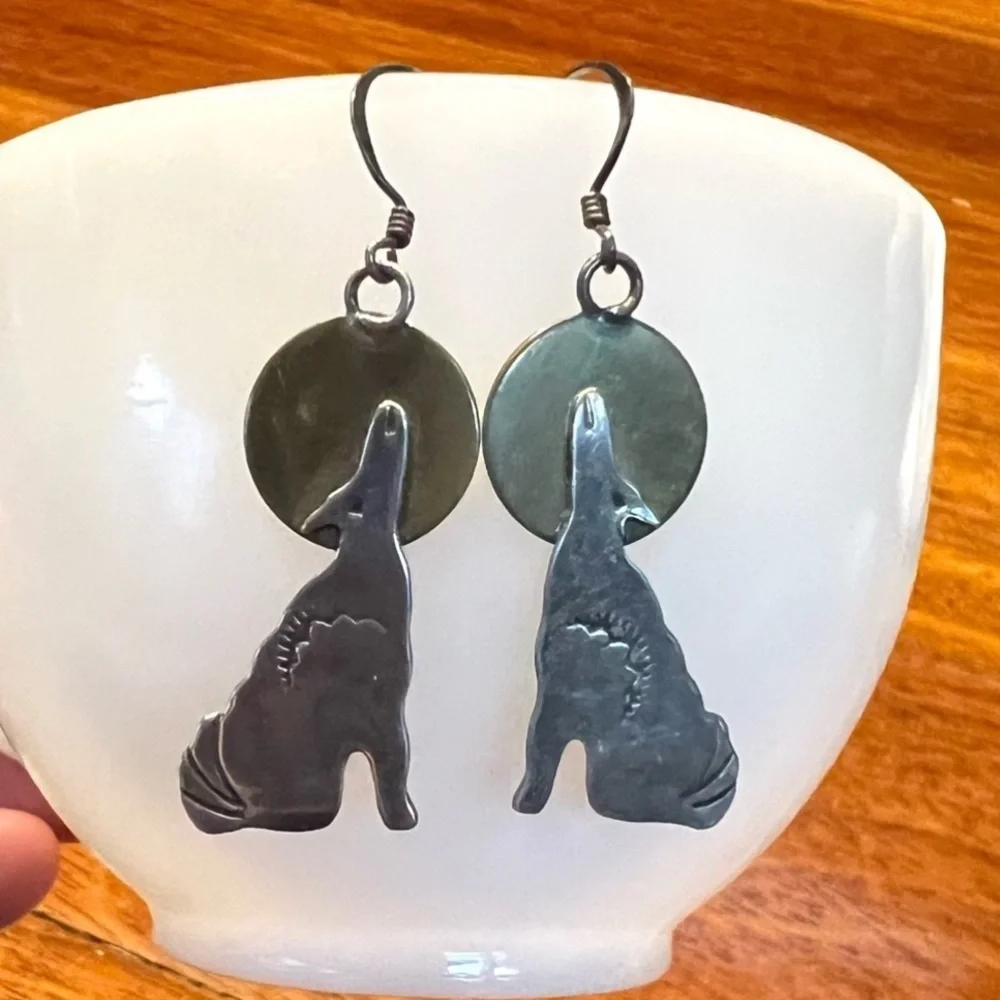 Native American Vintage Sterling Silver Hand Stamped Wolf Howling Moon Earrings